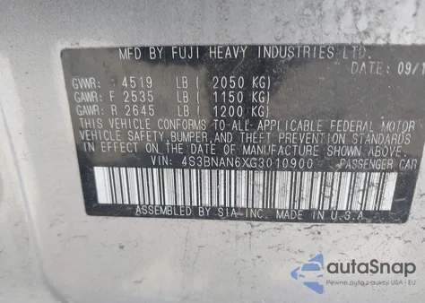 2016 Subaru Legacy 2.5I Limited z USA, uszkodzony, nr VIN 4S3BNAN6XG3010900